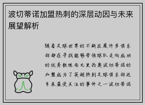 波切蒂诺加盟热刺的深层动因与未来展望解析