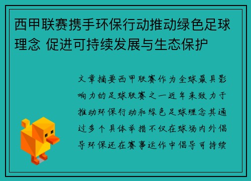 西甲联赛携手环保行动推动绿色足球理念 促进可持续发展与生态保护